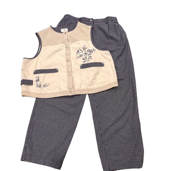 Susan Bristol Vtg Vest & Ankle Pant Set, Cotton, Cream Navy, L